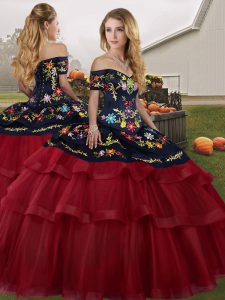 Best Selling Wine Red Off The Shoulder Neckline Embroidery and Ruffled Layers Quinceanera Gowns Sleeveless Lace Up
