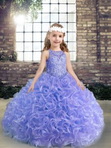 Scoop Sleeveless Fabric With Rolling Flowers Pageant Dress Beading and Ruffles Lace Up