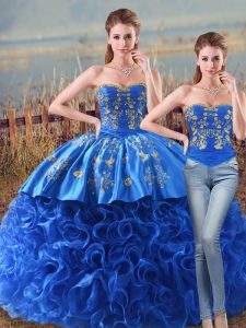 Latest Royal Blue Lace Up Sweetheart Embroidery and Ruffles 15th Birthday Dress Fabric With Rolling Flowers Sleeveless Brush Train