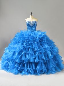 Modern Blue Ball Gowns Beading and Ruffles and Sequins 15th Birthday Dress Lace Up Organza Sleeveless Floor Length