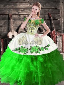 Colorful Green Ball Gowns Off The Shoulder Sleeveless Organza Floor Length Lace Up Embroidery and Ruffles Sweet 16 Dress