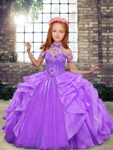 Lavender Ball Gowns Organza Off The Shoulder Sleeveless Beading and Ruffles Floor Length Lace Up Pageant Dress Toddler