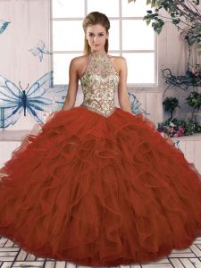 Edgy Sleeveless Tulle Floor Length Lace Up Ball Gown Prom Dress in Rust Red with Beading and Ruffles