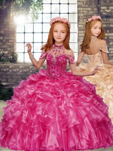 Hot Pink Organza Lace Up Kids Formal Wear Sleeveless Floor Length Beading and Ruffles
