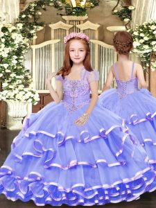 Lavender Tulle Lace Up Little Girl Pageant Gowns Sleeveless Floor Length Beading and Ruffled Layers