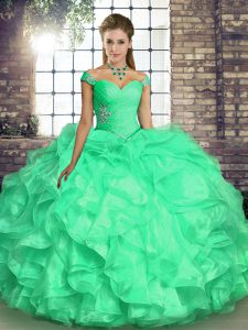 Turquoise Organza Lace Up Off The Shoulder Sleeveless Floor Length Vestidos de Quinceanera Beading and Ruffles