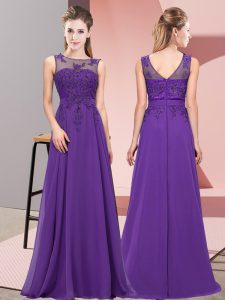 Dramatic Purple Empire Scoop Sleeveless Chiffon Floor Length Zipper Beading and Appliques Vestidos de Damas