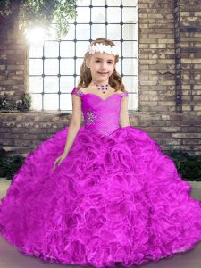 Straps Sleeveless Lace Up Pageant Dress for Girls Fuchsia Fabric With Rolling Flowers