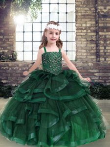 High Quality Sleeveless Floor Length Beading and Ruffles Lace Up Pageant Dress for Girls with Green