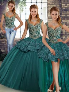 Nice Sleeveless Floor Length Beading and Appliques Lace Up Quinceanera Gown with Green