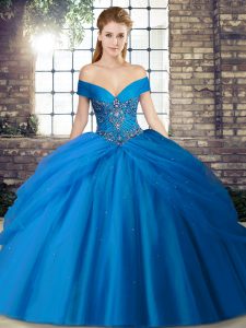 Top Selling Blue Ball Gowns Tulle Off The Shoulder Sleeveless Beading and Pick Ups Lace Up Quinceanera Gowns Brush Train