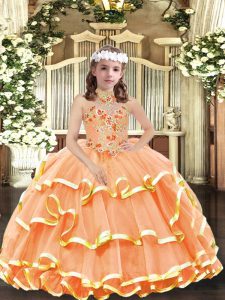 Orange Lace Up Halter Top Appliques and Ruffled Layers Kids Formal Wear Organza Sleeveless