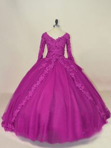 Fuchsia Ball Gowns Lace and Appliques 15 Quinceanera Dress Lace Up Tulle Long Sleeves Floor Length