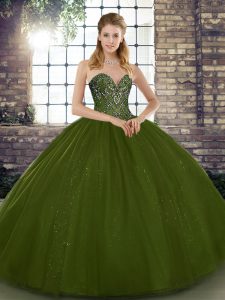 Glorious Olive Green Tulle Lace Up Sweetheart Sleeveless Floor Length Sweet 16 Quinceanera Dress Beading