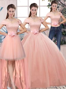Pink Ball Gowns Tulle Off The Shoulder Short Sleeves Lace and Hand Made Flower Floor Length Lace Up Ball Gown Prom Dress