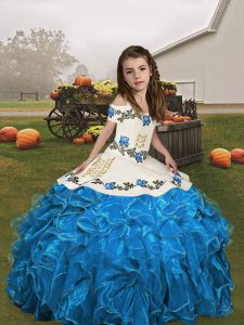 Blue and Baby Blue Lace Up Straps Embroidery and Ruffles Girls Pageant Dresses Organza Sleeveless