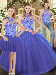 Blue Lace Up Ball Gown Prom Dress Sleeveless Floor Length Embroidery