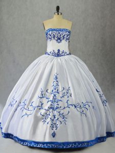 Edgy Blue And White Lace Up Strapless Embroidery Quince Ball Gowns Satin Sleeveless