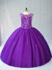 Sleeveless Floor Length Beading and Appliques Lace Up 15 Quinceanera Dress with Purple