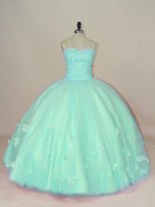 Tulle Sleeveless Floor Length Quince Ball Gowns and Hand Made Flower