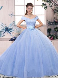 Floor Length Lavender Quinceanera Gown Off The Shoulder Short Sleeves Lace Up