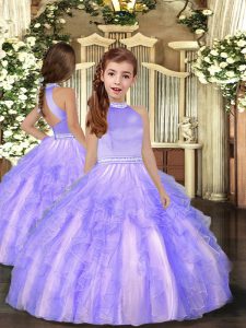 Lavender Tulle Backless Kids Pageant Dress Sleeveless Floor Length Beading and Ruffles