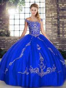 Popular Floor Length Royal Blue Quince Ball Gowns Tulle Sleeveless Beading and Embroidery