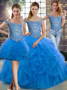 High End Off The Shoulder Sleeveless 15th Birthday Dress Brush Train Beading and Ruffles Blue Tulle