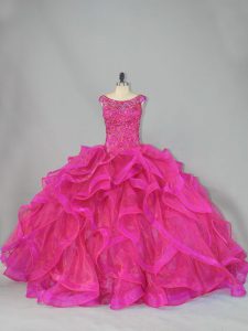 Stunning Sleeveless Organza Brush Train Lace Up Quinceanera Gowns in Hot Pink with Beading and Ruffles