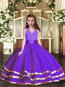 Purple Halter Top Lace Up Ruffled Layers Kids Pageant Dress Sleeveless