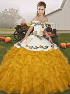 Most Popular Gold Ball Gowns Organza Off The Shoulder Sleeveless Embroidery and Ruffles Floor Length Lace Up Sweet 16 Dress