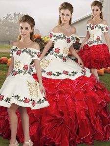 White And Red Ball Gowns Organza Off The Shoulder Sleeveless Embroidery and Ruffles Floor Length Lace Up Quinceanera Gown