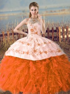 Admirable Orange and Rust Red Ball Gowns Halter Top Sleeveless Organza Court Train Lace Up Embroidery Quinceanera Gown
