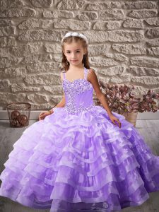Custom Designed Lavender Organza Lace Up Little Girl Pageant Gowns Sleeveless Brush Train Beading and Ruffled Layers