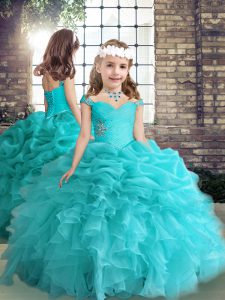 Aqua Blue Organza Side Zipper Straps Sleeveless Floor Length Little Girls Pageant Gowns Beading and Ruffles