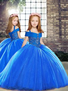 Stylish Royal Blue Sleeveless Beading Lace Up Child Pageant Dress