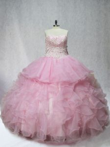 Charming Floor Length Lace Up Quinceanera Dress Pink for Sweet 16 and Quinceanera with Beading and Ruffles