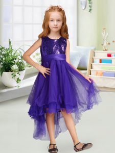 Hot Sale Purple Organza Zipper Scoop Sleeveless High Low Pageant Gowns Sequins and Bowknot