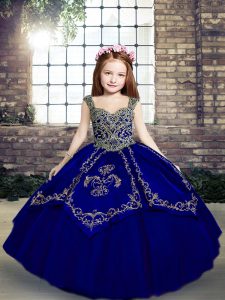 Perfect Sleeveless Tulle Floor Length Lace Up Little Girls Pageant Dress Wholesale in Royal Blue with Beading and Embroidery