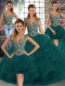Adorable Floor Length Lace Up 15 Quinceanera Dress Peacock Green for Military Ball and Sweet 16 and Quinceanera with Beading and Ruffles