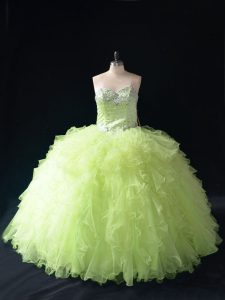 Superior Yellow Green Tulle Lace Up Sweetheart Sleeveless Floor Length Quinceanera Dress Beading and Ruffles