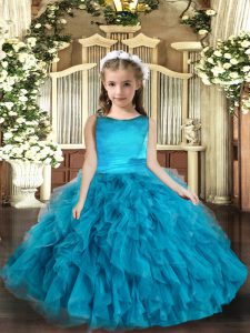 Blue Ball Gowns Ruffles Little Girls Pageant Dress Wholesale Lace Up Tulle Sleeveless Floor Length
