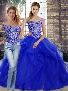 Chic Royal Blue Sweet 16 Dress Tulle Brush Train Sleeveless Beading and Ruffles