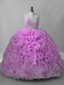 Lilac Lace Up Sweetheart Beading Sweet 16 Dresses Fabric With Rolling Flowers Sleeveless Brush Train