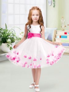 White Tulle Zipper Scoop Sleeveless Knee Length Kids Pageant Dress Appliques and Belt