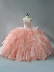 Beading and Ruffles Quinceanera Gown Peach Lace Up Sleeveless Brush Train