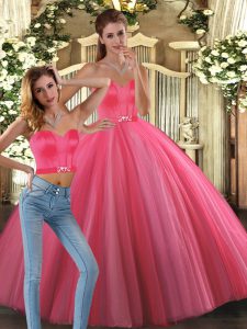 Floor Length Coral Red Ball Gown Prom Dress Sweetheart Sleeveless Lace Up