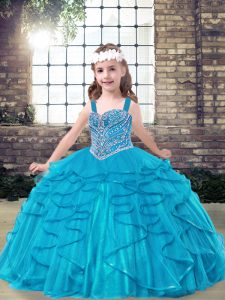 Hot Selling Floor Length Lace Up Little Girls Pageant Gowns Blue for Party and Military Ball and Wedding Party with Beading and Ruffles