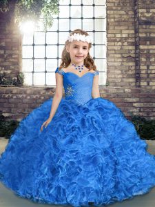 High End Royal Blue Lace Up Little Girls Pageant Dress Wholesale Beading and Ruching Sleeveless Floor Length