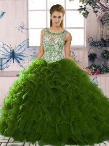 Beauteous Floor Length Green Sweet 16 Quinceanera Dress Organza Sleeveless Beading and Ruffles